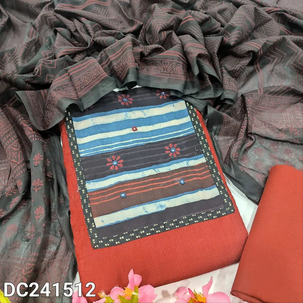 CODE DC241512: Maroon premium cotton unstitched salwar material ajrak printed yoke patch with thread& faux mirror