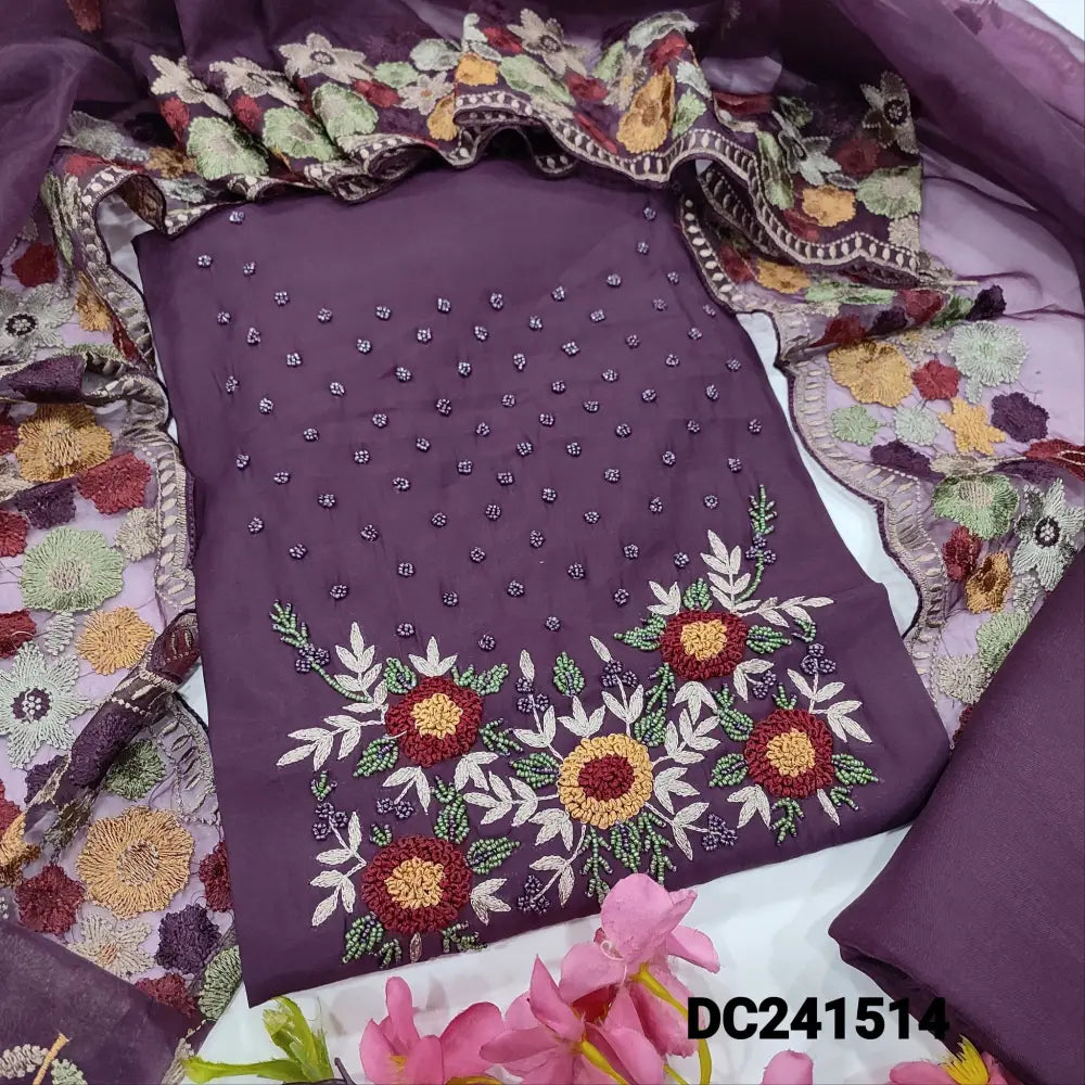 CODE DC241514: Deep wine purple designer premium soft silk cotton unstitched salwar material embroidered &bead work