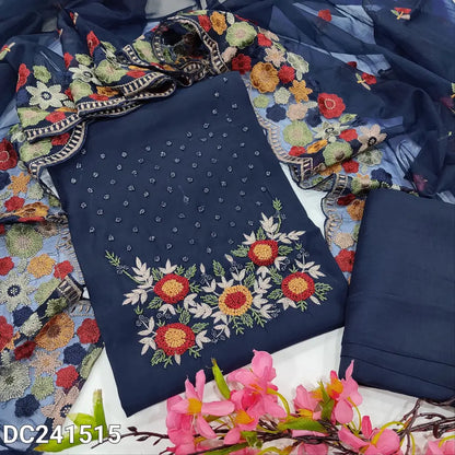 CODE DC241515: Dark blue designer premium soft silk cotton unstitched salwar material embroidered &bead work