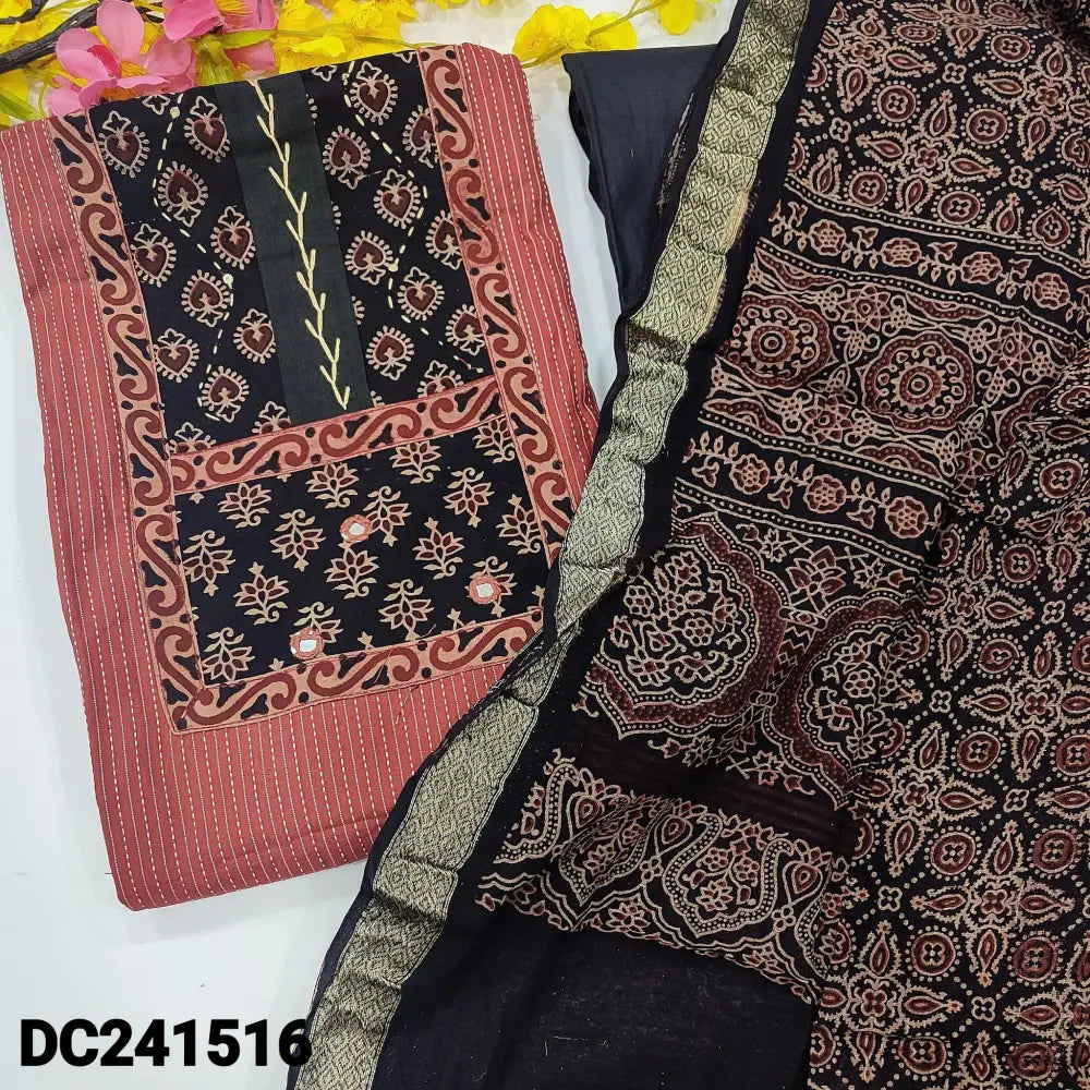 CODE DC241516: Maroon pure kantha cotton unstitched salwar material ajrak printed yoke(lining optional)Black cotton