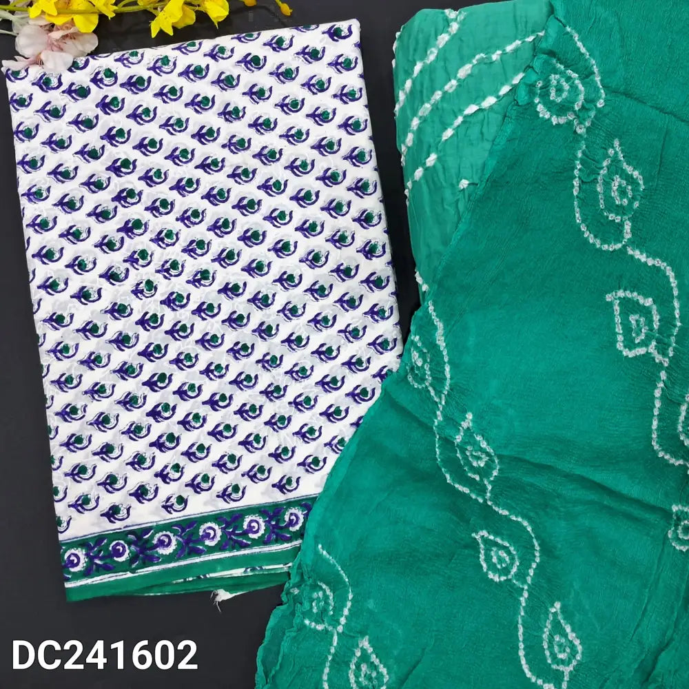 CODE DC241602: White base hand block printed premium cotton unstitched salwar material(thin fabric lining