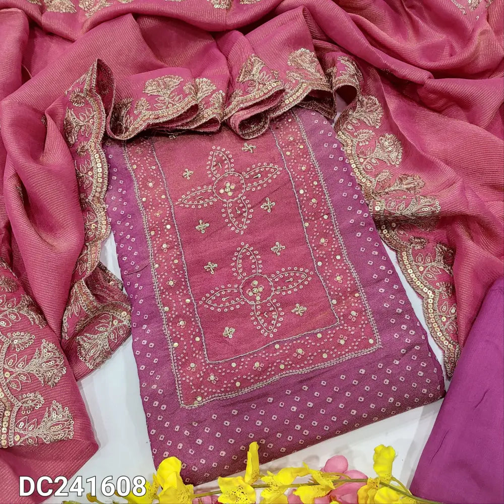 CODE DC241608: Purplish pink pure tissue organza silk semi stitched salwar material zardozi& sequins work on yoke(thin