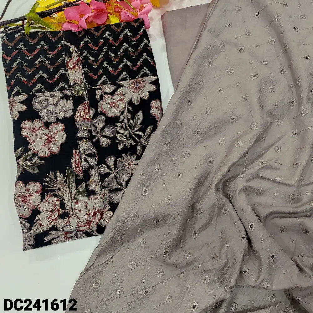 CODE DC241612: Black printed modal maslin unstitched salwar material fancy buttons &pintex work on yoke(lining