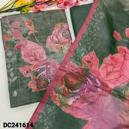 CODE DC241614: Greenish grey digital printed soft tissue silk cotton unstitched salwar material bead work on front(thin