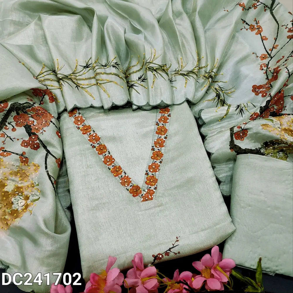 CODE DC241702: Pale green with golden tint digital printed pure tissue silk unstitched salwar material v neck