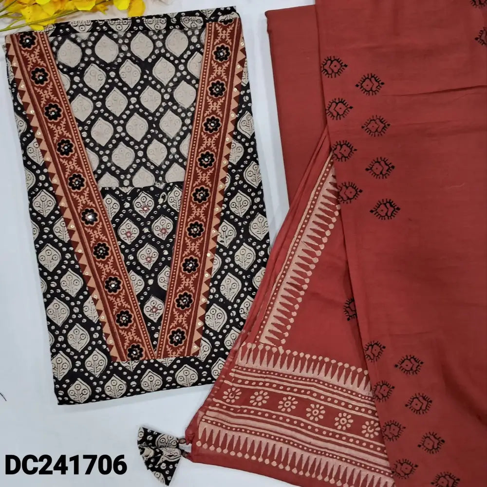 CODE DC241706: Black hand block printed premium cotton unstitched salwar material v neck with faux mirror &sequins