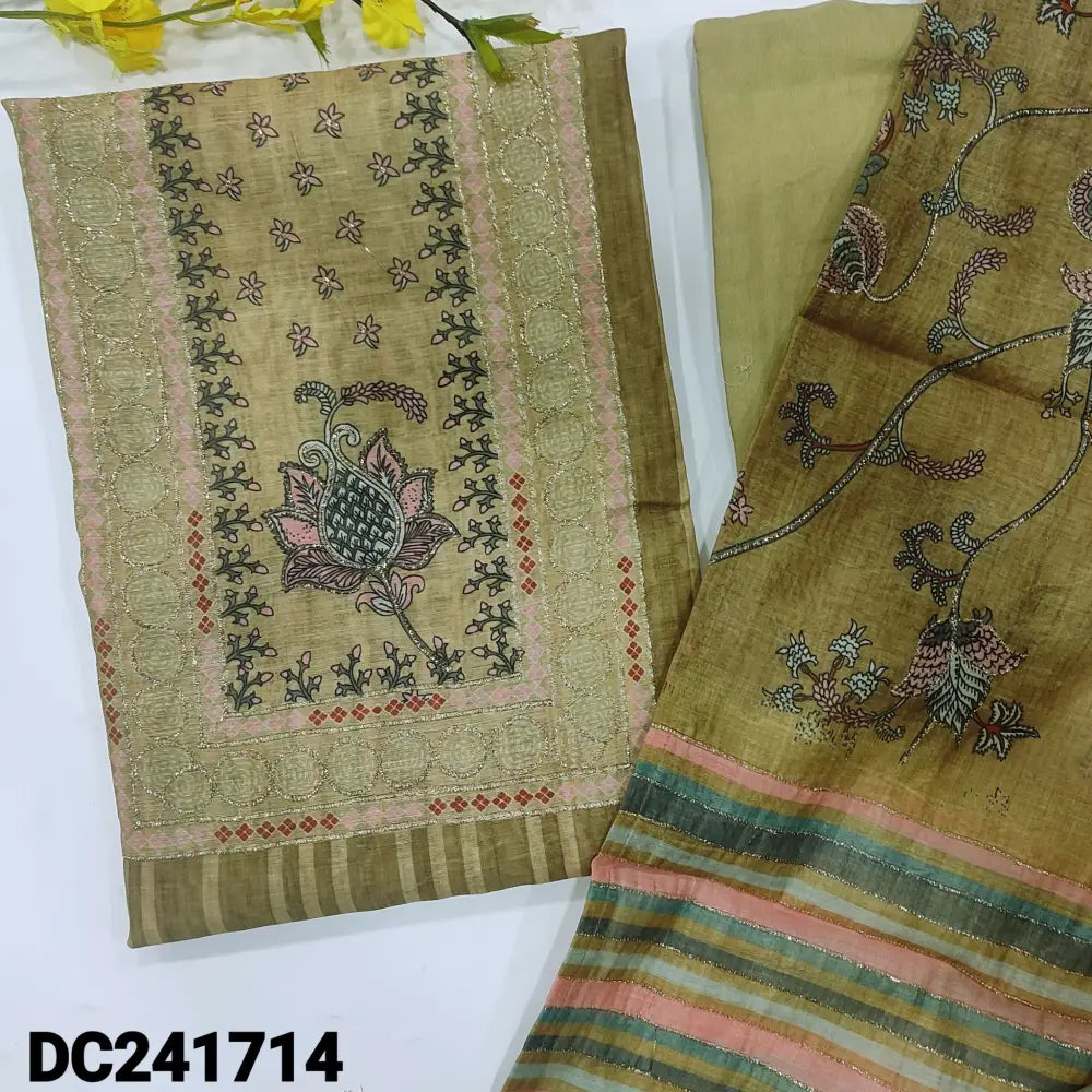 CODE DC241714: Dark beige digital printed silk cotton unstitched salwar material printed& zari work on yoke(thin fabric