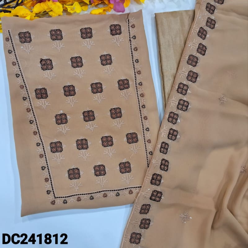 CODE DC241812: Beige semi georgette unstitched salwar material cross stitch embroidered on yoke(thin fabric lining