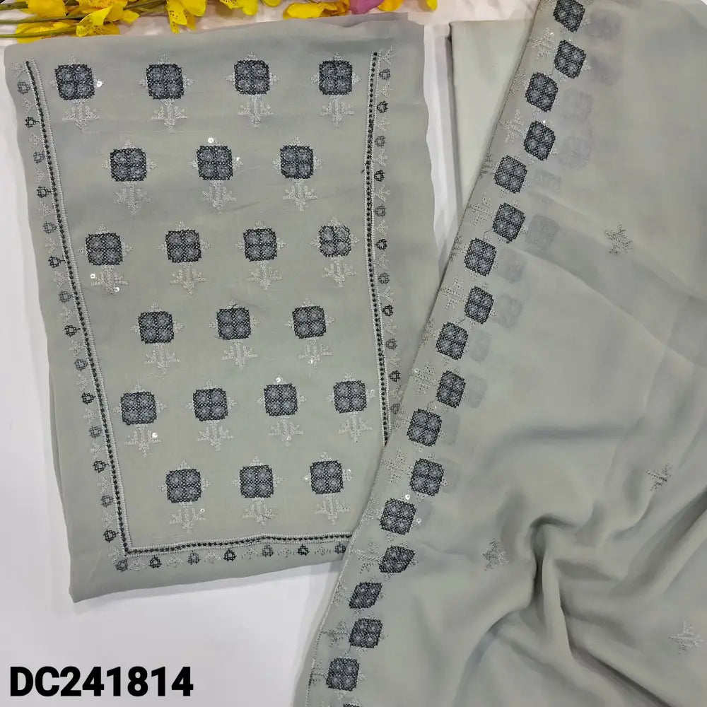 CODE DC241814: Light grey semi georgette unstitched salwar material cross stitch embroidered on yoke(thin fabric lining
