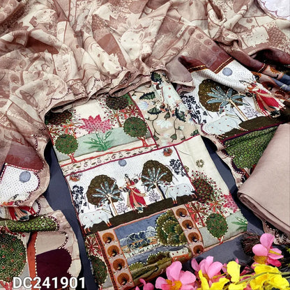 CODE DC241901: Beige base printed pure jakard dola silk unstitched salwar material hand embroidered on front(lining