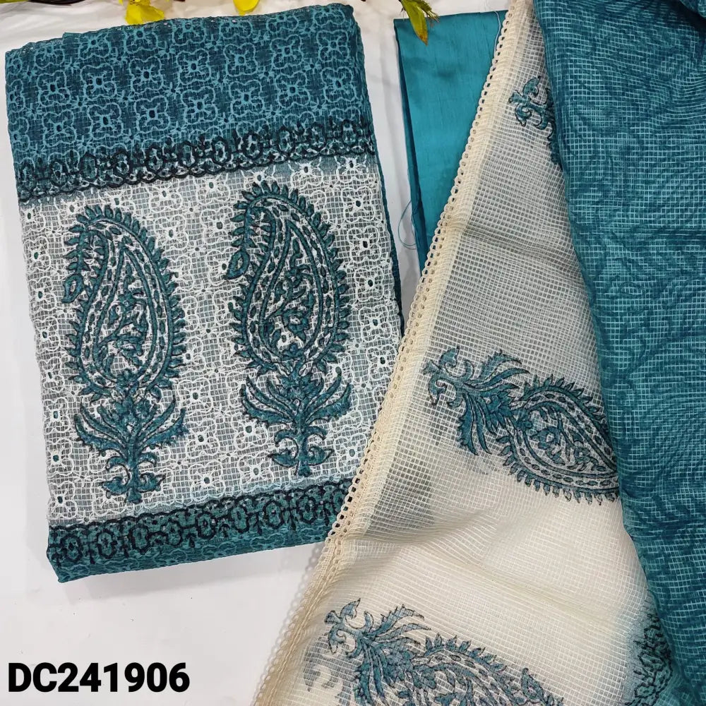 CODE DC241906: Turquoise blue schiffli embroidered fancy super net unstitched salwar material block printed