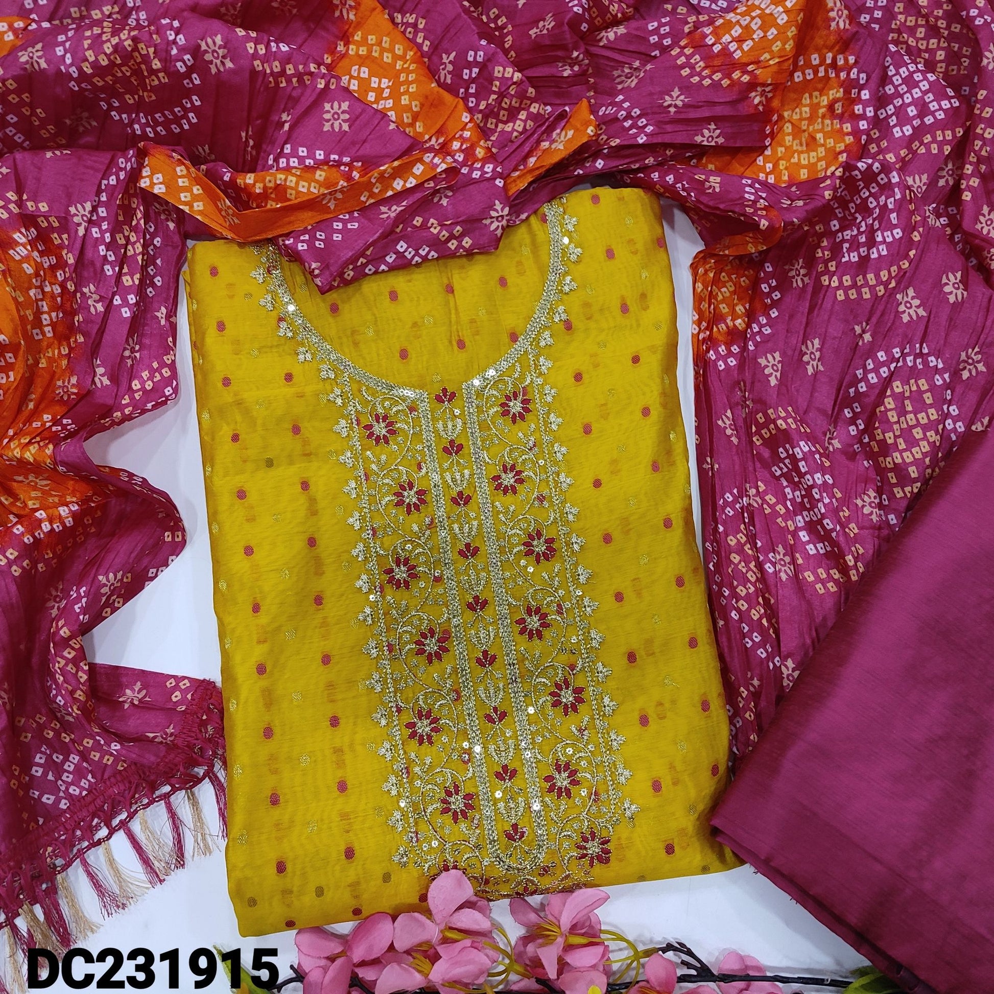 CODE DC241915: Bright mango yellow fancy silk cotton unstitched salwar material thread &zari work on yoke thread& zari