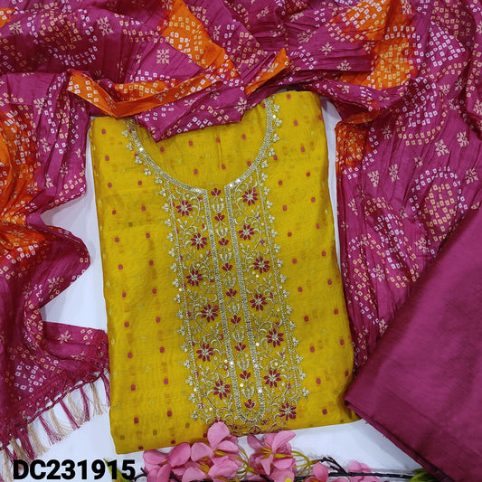 CODE DC241915: Bright mango yellow fancy silk cotton unstitched salwar material thread &zari work on yoke thread& zari