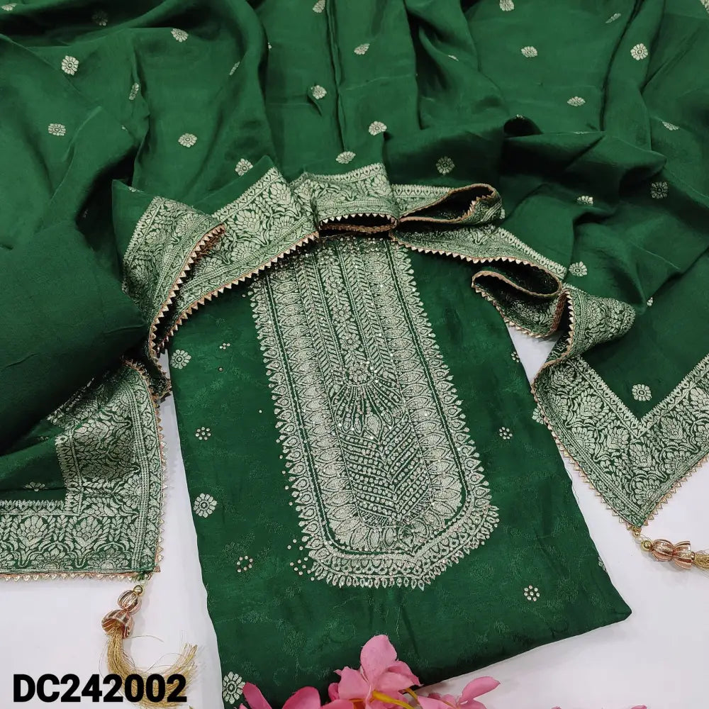CODE DC242002: Bottle green jakard dola silk unstitched salwar material zari work on yoke& front self design all