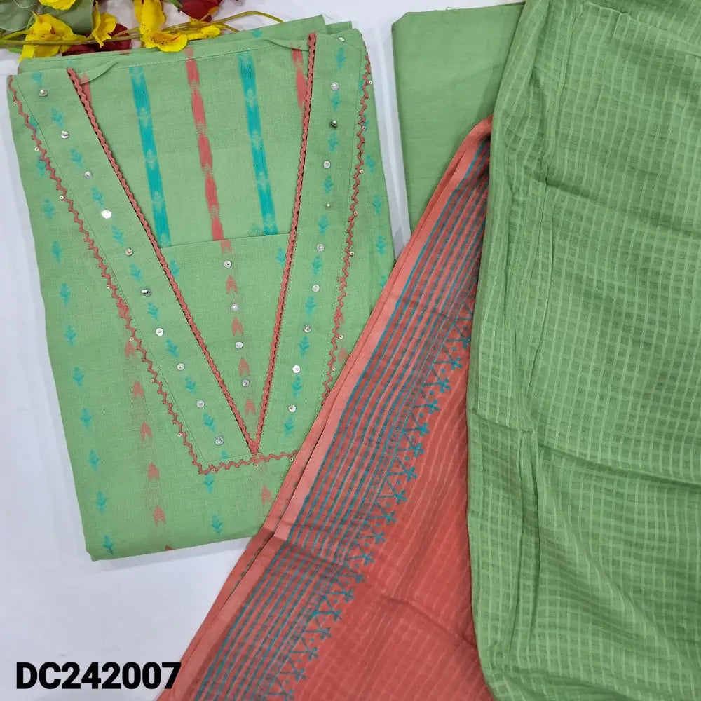 CODE DC242007: Pastel green premium dobby cotton unstitched salwar material v neck with lace & sequins work thread