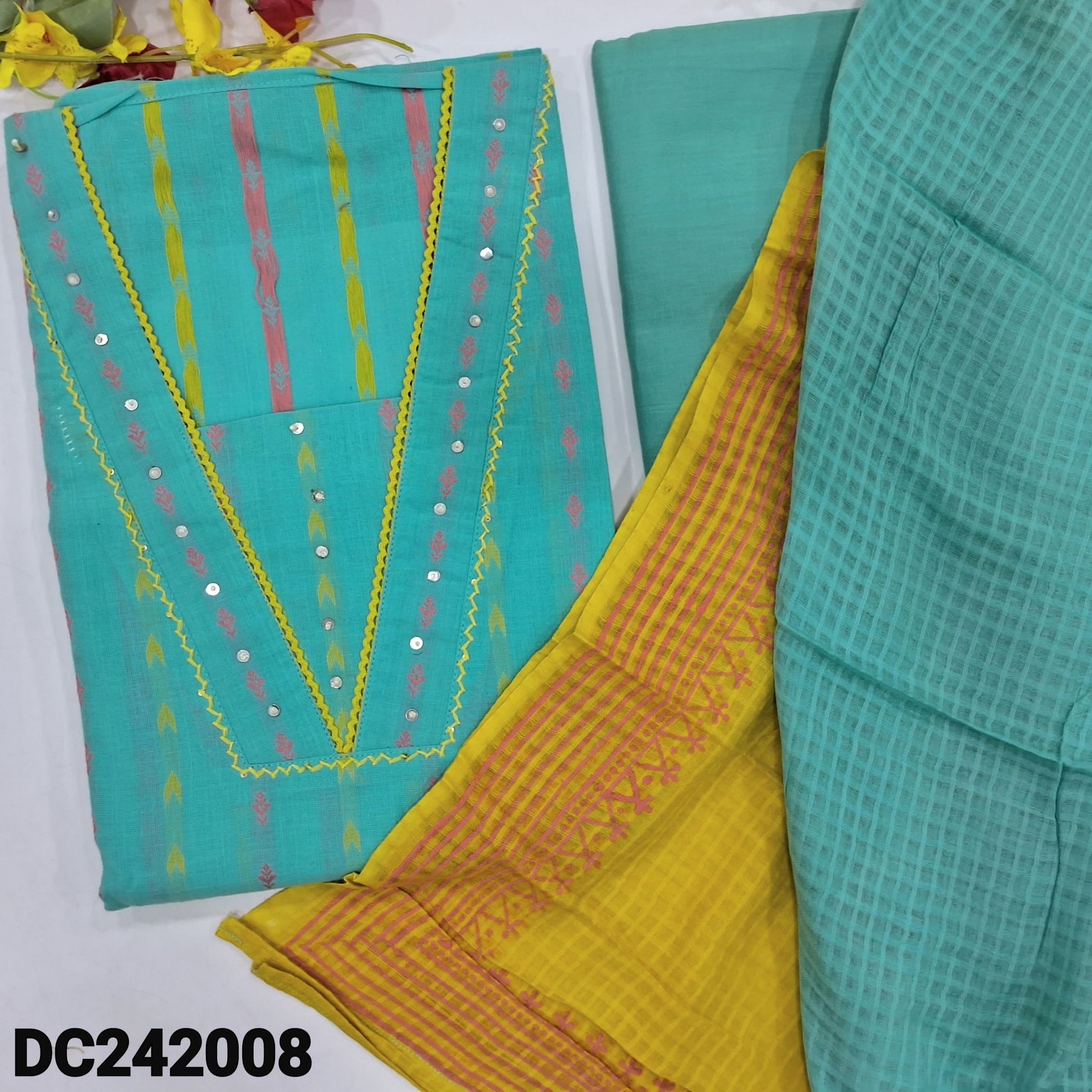 CODE DC242008: Sky blue premium dobby cotton unstitched salwar material v neck with lace &sequins work thread woven