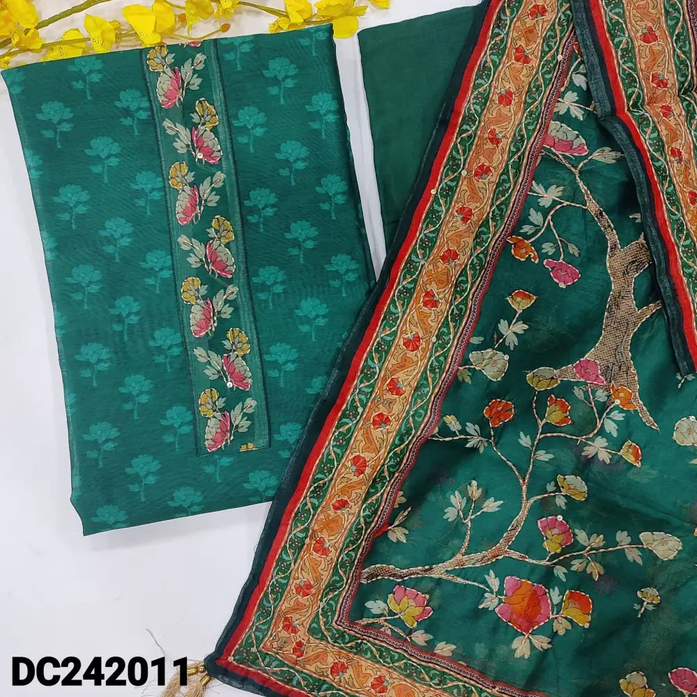 CODE DC242011: Bright teal green sobar digital printed silk cotton unstitched salwar material kantha stitch