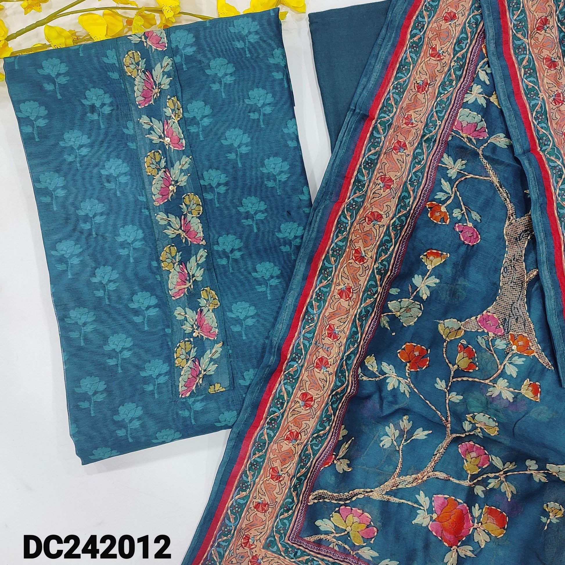 CODE DC242012: Dark blue sobar digital printed silk cotton unstitched salwar material kantha stitch on yoke(thin fabric