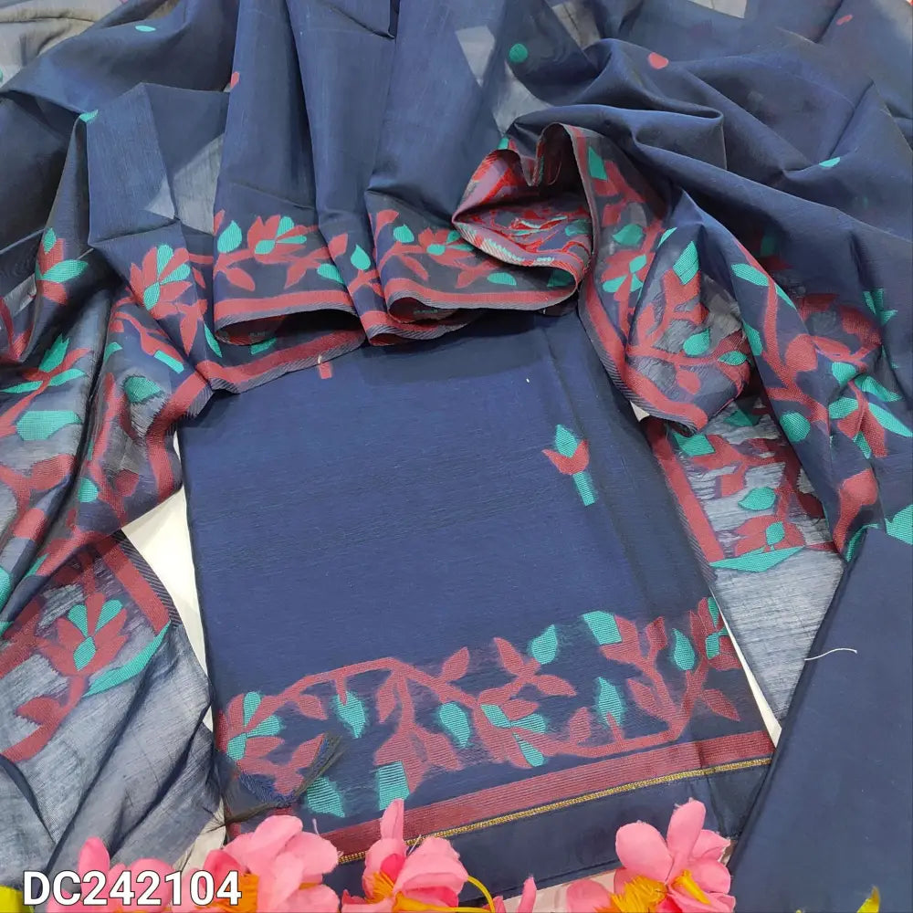 CODE DC242104: Dark blue jamdani woven premium silk cotton unstitched salwar material(thin fabric lining
