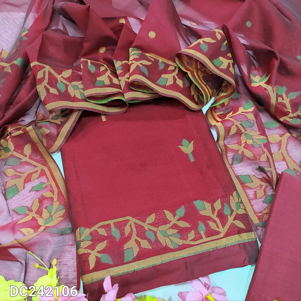 CODE DC242106: Dark reddish maroon jamdani woven premium silk cotton unstitched salwar material(thin fabric lining