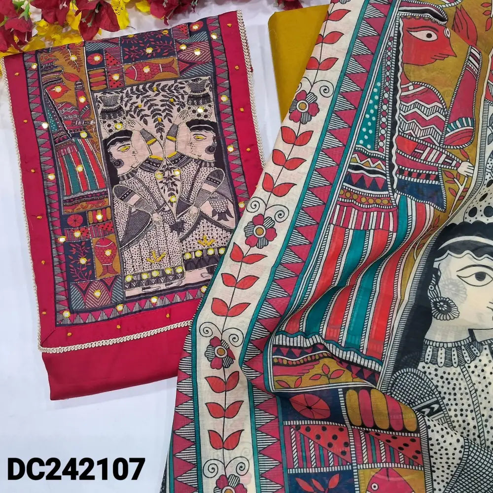 CODE DC242107: Bright pink satin cotton unstitched salwar material badhubani print& faux mirror work on yoke(lining