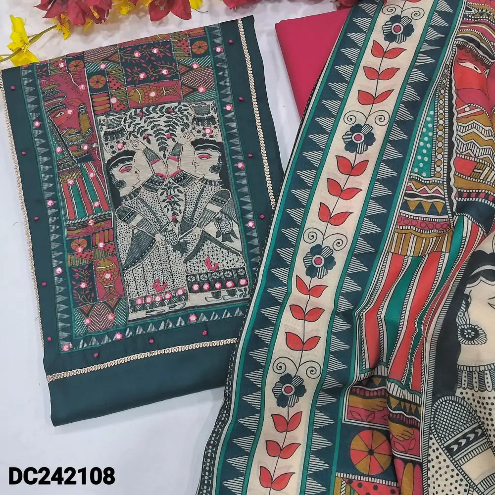 CODE DC242108: Dark teal blue satin cotton unstitched salwar material badhubani print& faux mirror work on yoke(lining