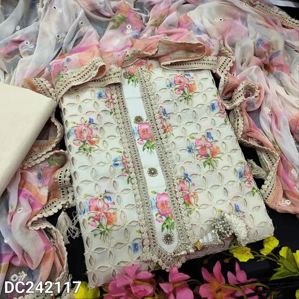 CODE DC242117: Half white floral printed premium cotton semi stitched salwar material fancy buttons& lace work on yoke