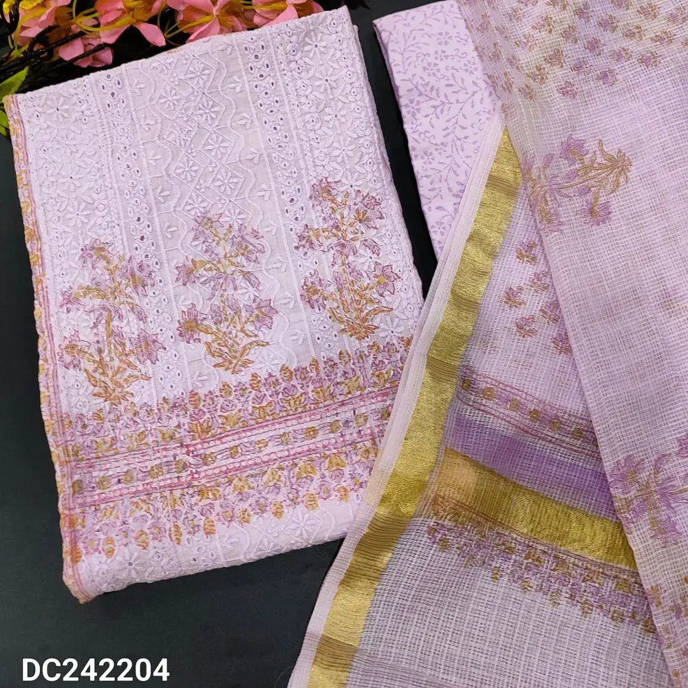 CODE DC242204: Lavender block printed chikankari embroidered premium cotton unstitched salwar material panel pattern