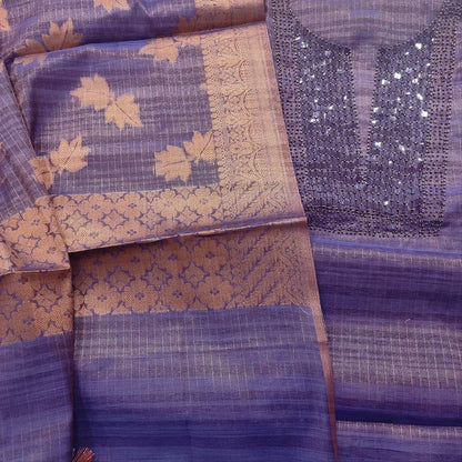 CODE DC242302: Dark purple with golden tint tissue silk cotton unstitched salwar material bead& sequins work