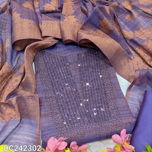 CODE DC242302: Dark purple with golden tint tissue silk cotton unstitched salwar material bead& sequins work