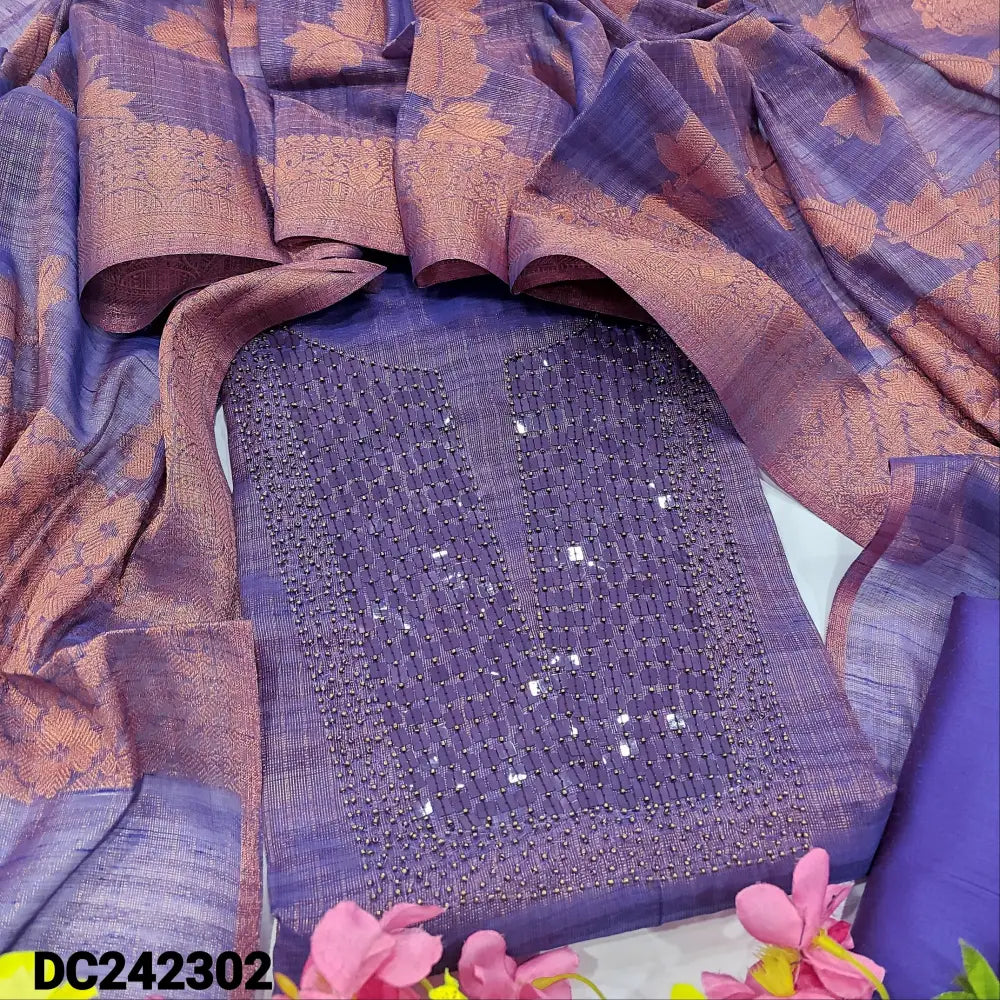 CODE DC242302: Dark purple with golden tint tissue silk cotton unstitched salwar material bead& sequins work