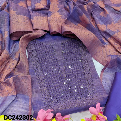 CODE DC242302: Dark purple with golden tint tissue silk cotton unstitched salwar material bead& sequins work