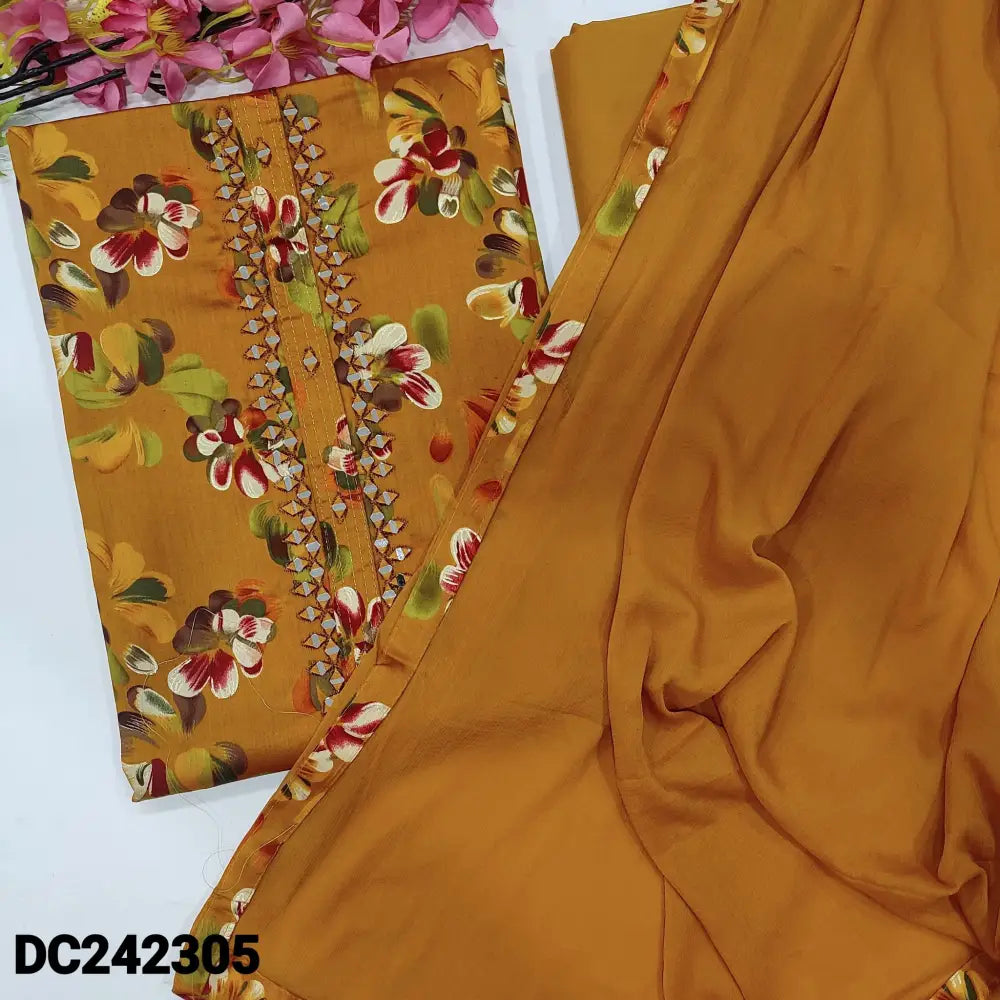 CODE DC242305: Dark mehandhi yellow floral printed satin cotton unstitched salwar material zari& real mirror work