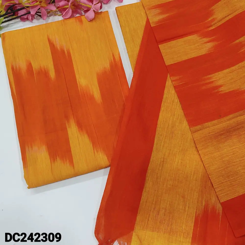 CODE DC242309: Yellow& light orange dual shaded south handloom cotton unstitched salwar material ikat design all