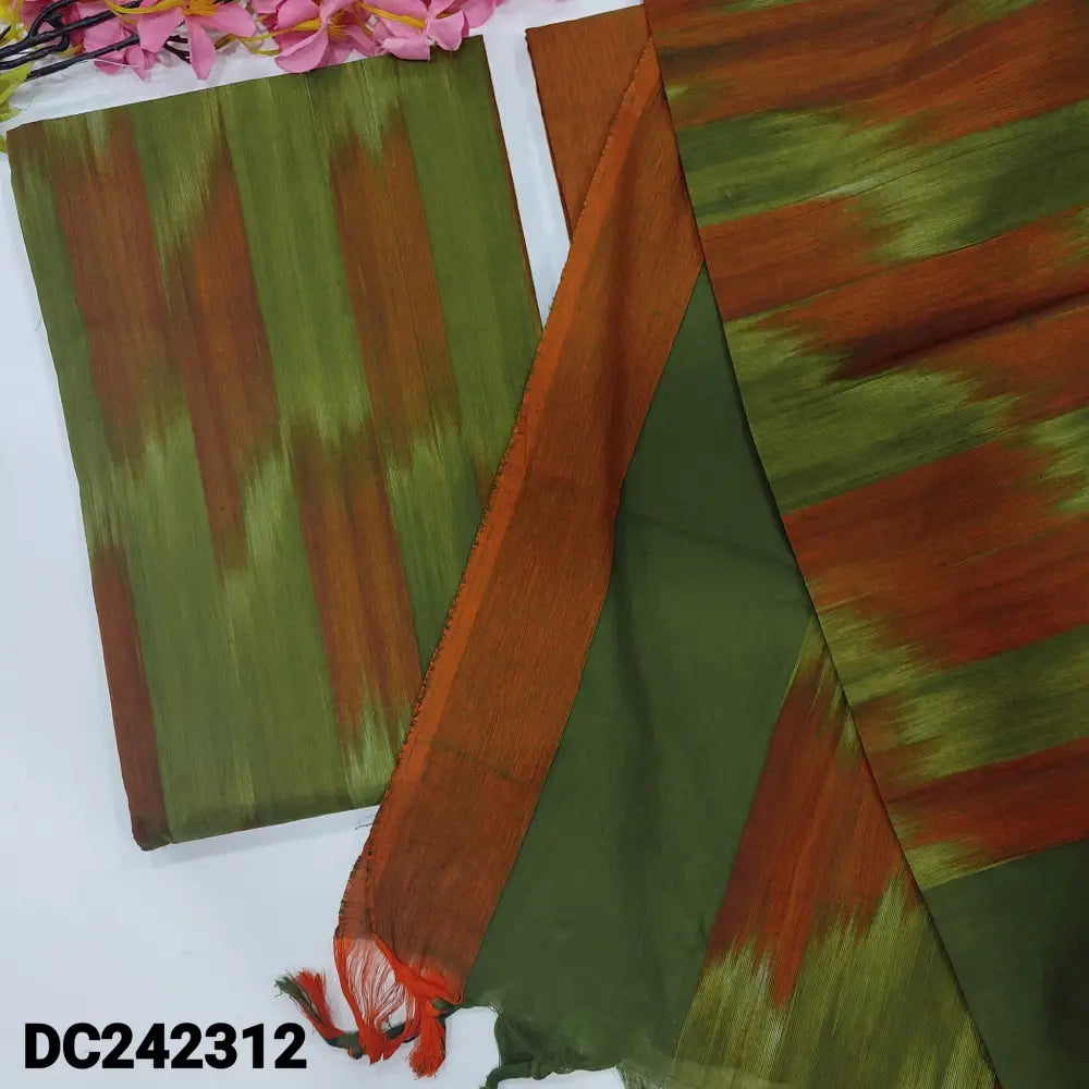CODE DC242312: Green &honey brown dual shaded south handloom cotton unstitched salwar material ikat design all