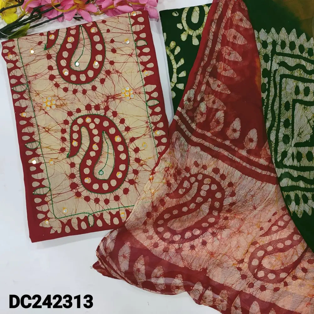 CODE DC242313: Maroon original wax batik dyed pure cotton unstitched salwar material thread& faux mirror work
