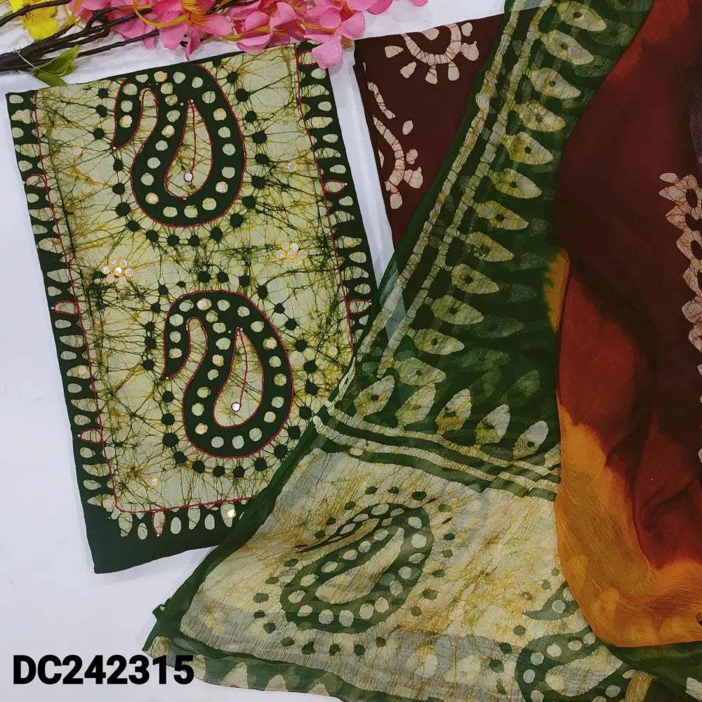 CODE DC242315: Bottle green original wax batik dyed pure cotton unstitched salwar material thread& faux mirror work