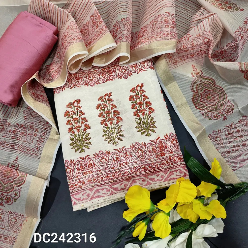 CODE DC242316: Rich beige tissue silk cotton unstitched salwar material panel pattern block printed on front(thin