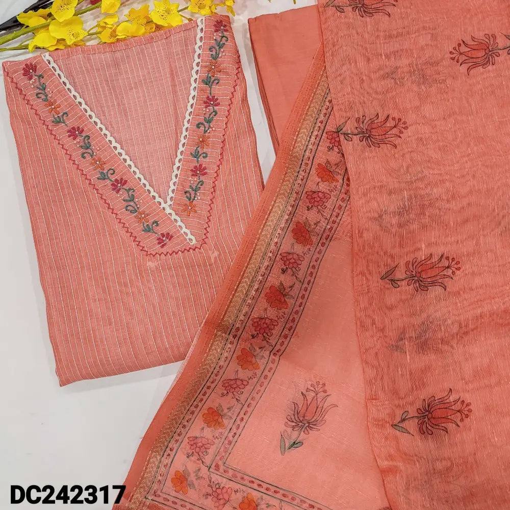 CODE DC242317: Peachish pink kantha silk cotton unstitched salwar material v neck with embroidered& bead work(lining