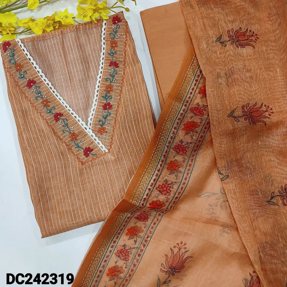 CODE DC242319: Pastel peach kantha silk cotton unstitched salwar material v neck with embroidered& bead work(lining