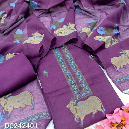 CODE DC242401: Dark beetroot purple jamdani woven premium silk cotton unstitched salwar material(thin fabric lining