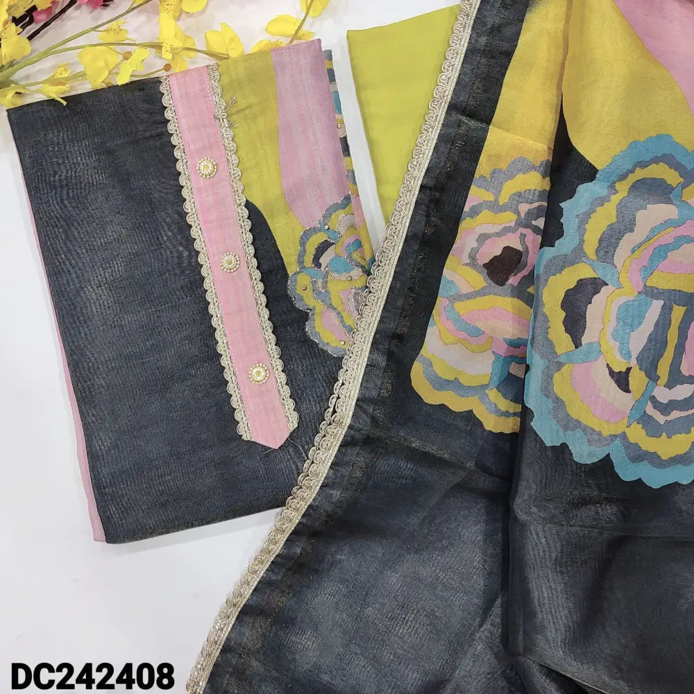 CODE DC242408: Multi color abstract printed tissue silk cotton unstitched salwar material lace& fancy buttons on yoke