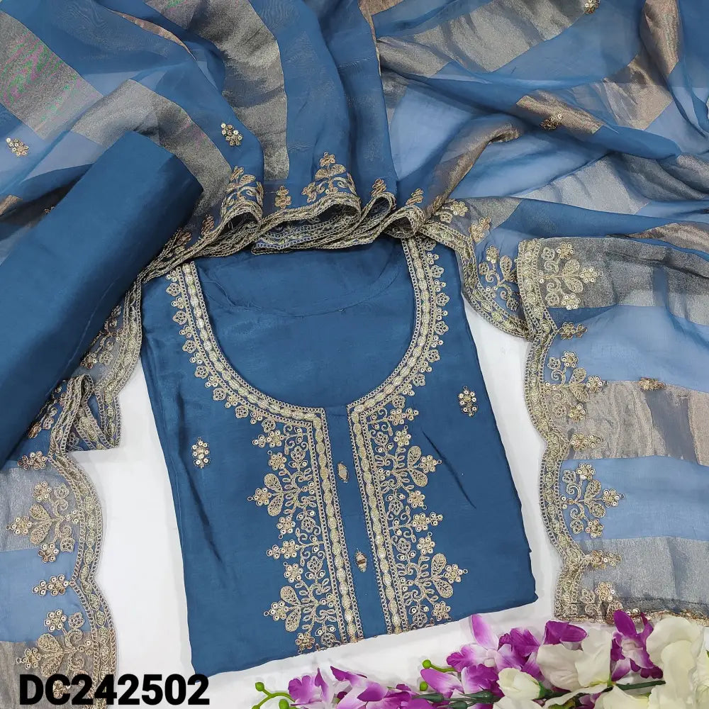 CODE DC242502: Dark teal blue designer pure dola silk unstitched salwar material zari& sequins work on yoke