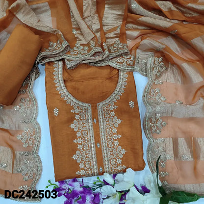 CODE DC242503: Rust orange designer pure dola silk unstitched salwar material zari& sequins work on yoke &front(shiny