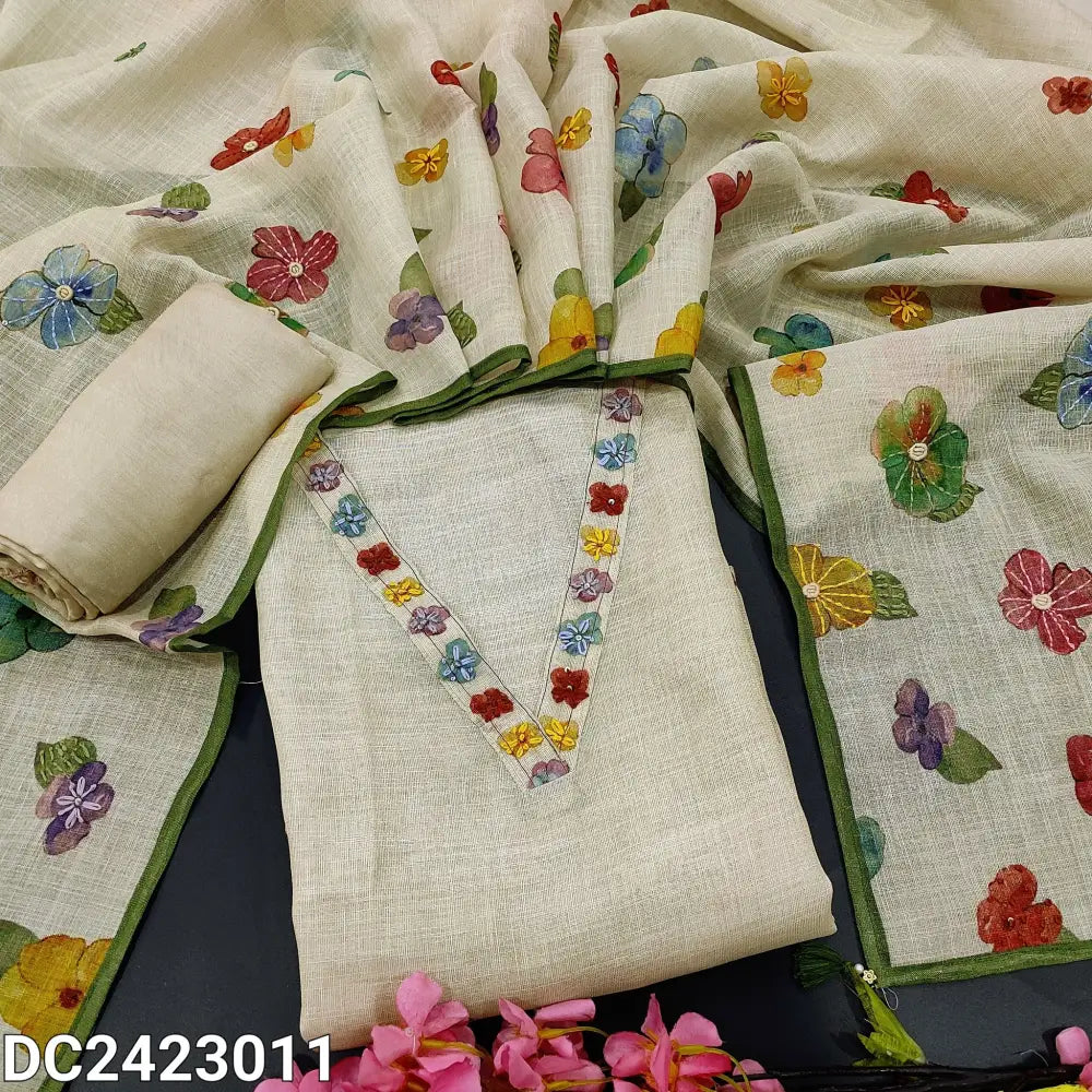 CODE DC242506: Rich beige with golden tint floral printed pure tissue linen unstitched salwar material v neck thread