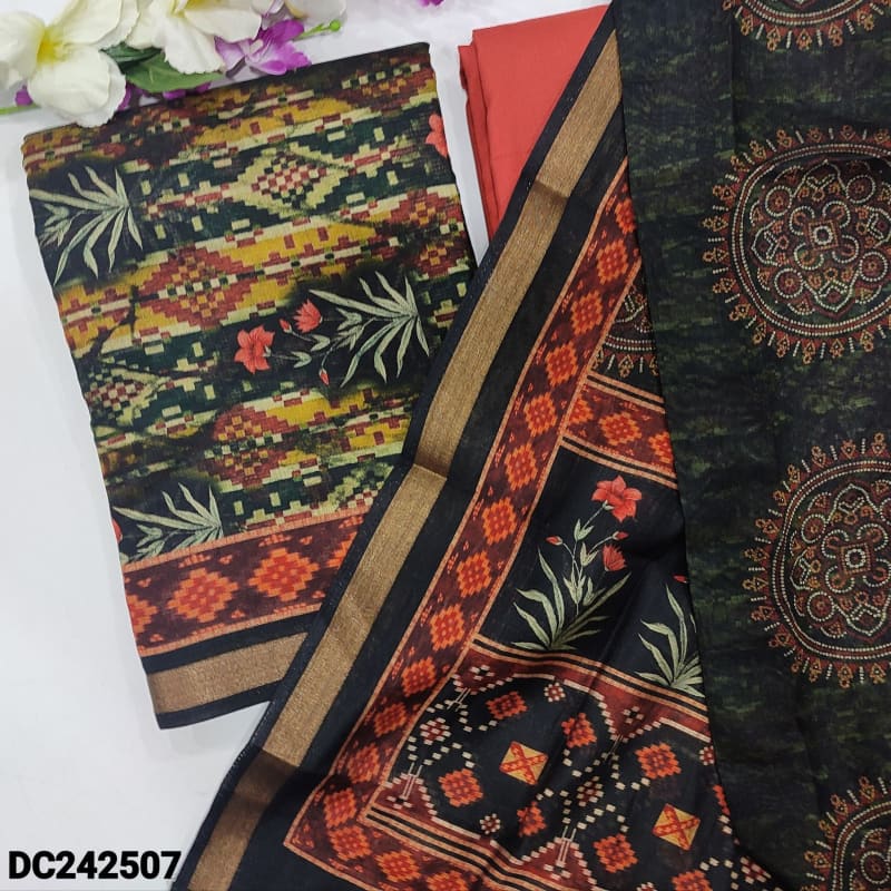 CODE DC242507: Dark green base ikat digital printed fancy silk unstitched salwar material(thin fabric lining