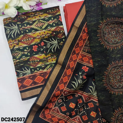 CODE DC242507: Dark green base ikat digital printed fancy silk unstitched salwar material(thin fabric lining
