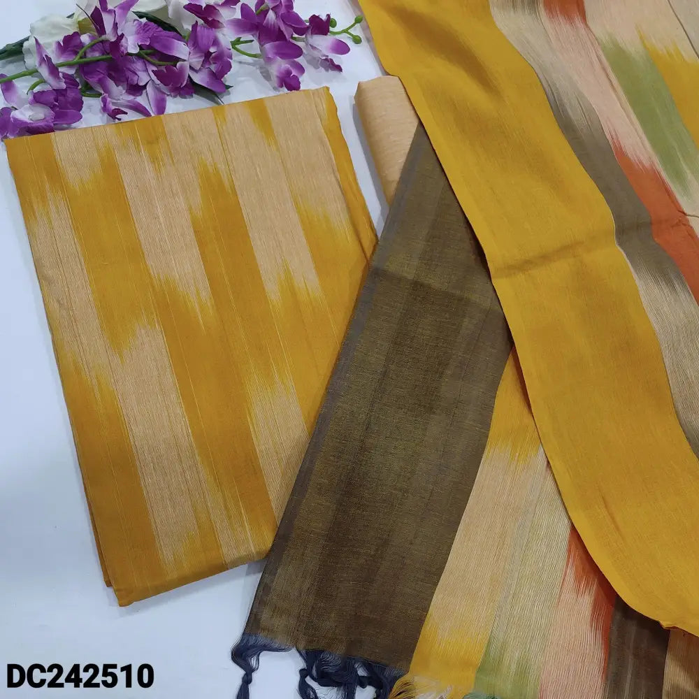 CODE DC242510: Light &dark shaded pastel yellow south handloom cotton unstitched salwar material ikat design all