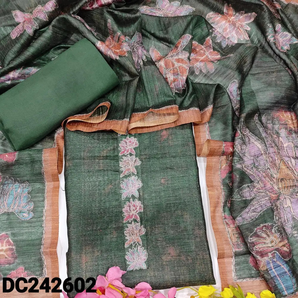 CODE DC242602: Dark green digital abstract printed premium jute silk unstitched salwar material zari work on yoke(thin