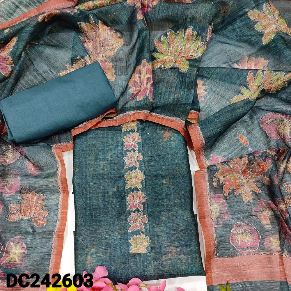 CODE DC242603: Dark teal blue digital abstract printed premium jute silk unstitched salwar material zari work